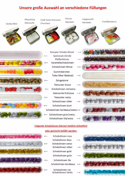 Auswahl Inhalte Gastgeschenk Tischkarte Dosen